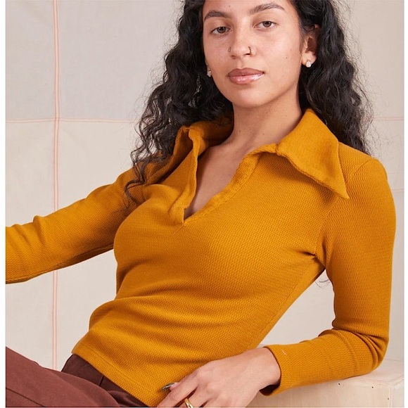 BIG BUD PRESS 70s Mustard Long Sleeve Cotton Collared Thermal Fisherman Polo XXS - Picture 1 of 13